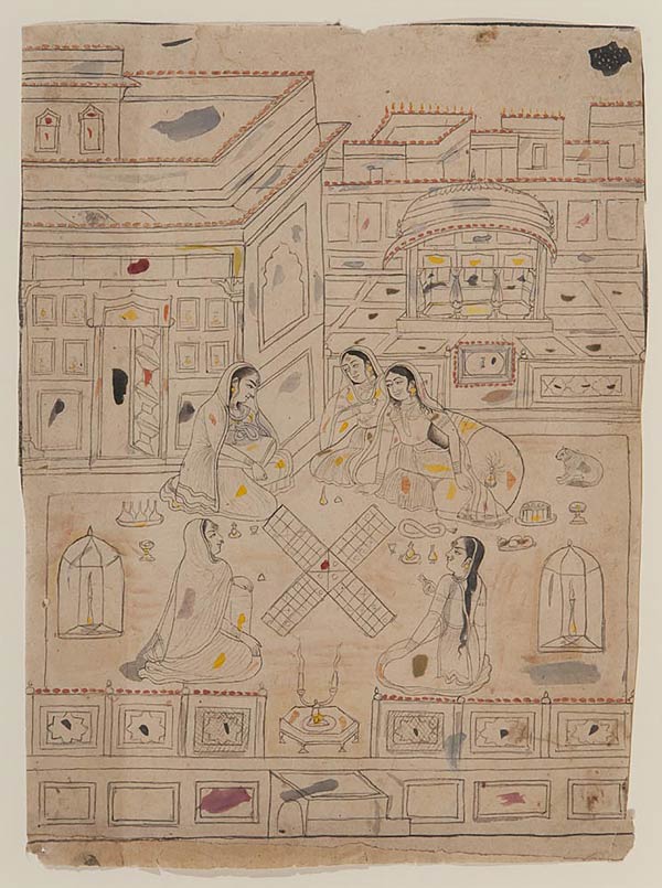 Three drawings from a Baramas set, Anonymous Bundi Artist, Grey-black ink watercolour & opaque watercolour on beige paper, Circa 1750